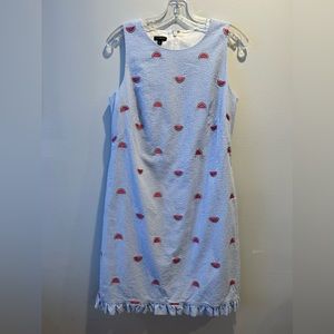 TALBOTS WATERMELON-EMBROIDERED SEERSUCKER SHIFT DRESS Size 6